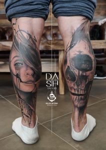 Good Vs Evil Leg Sleeve Tattoo Realistic Black Grey Art DASH TATTOO