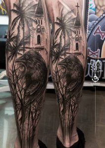 Kleinmuenchen Raven Rabe Church Kirche Realistic Black And Grey Palmen Palm Tress Tattoo Tattoos Danny ShoeStar DASH Tattoo Wien Linz Vienna Art Gallery